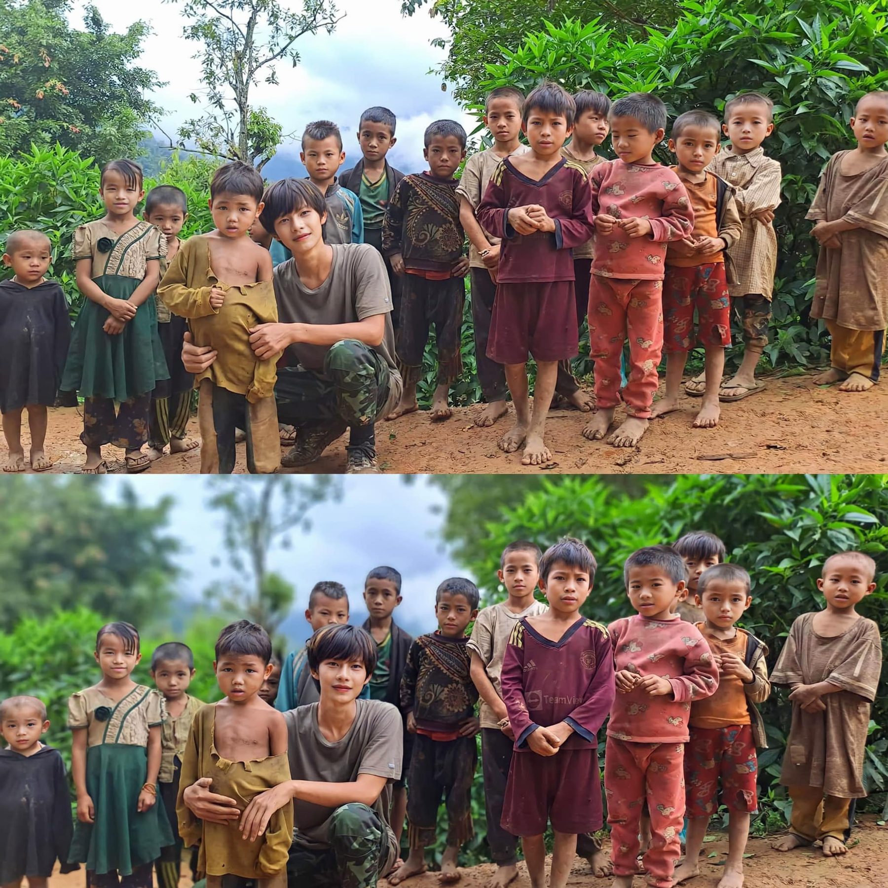 Two stacked photos of a row of children standing outdoors in front of trees.
