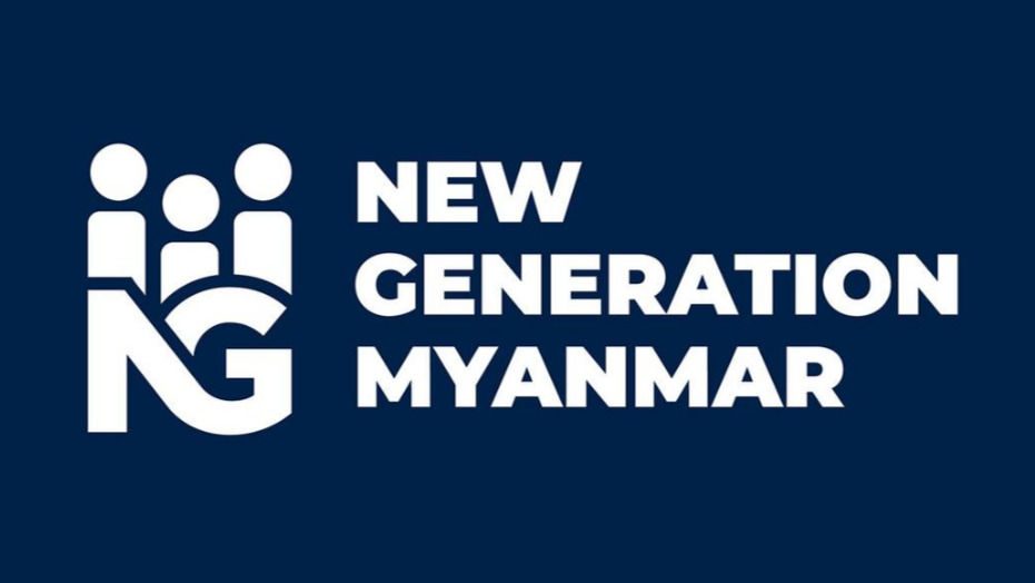 New Generation Myanmar logo: the NG mark with three figures, and the words New Generation Myanmar, in white on navy.