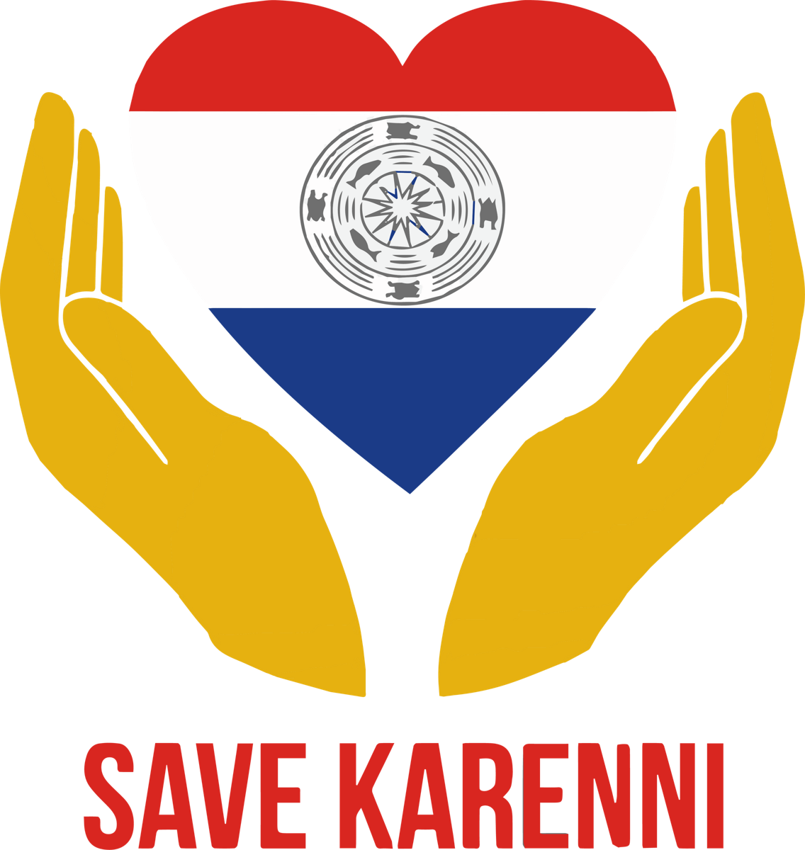 Save Karenni logo: two golden hands hold a heart in the red, white and blue of the Karenni flag, above the words Save Karenni.